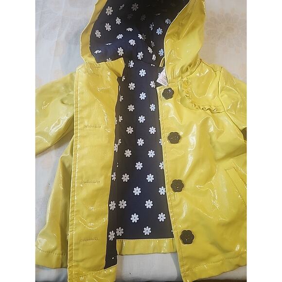 Infant Girls Raincoat 12 M Yellow Daisy Floral Lining Waterproof Pockets Button - Picture 3 of 9